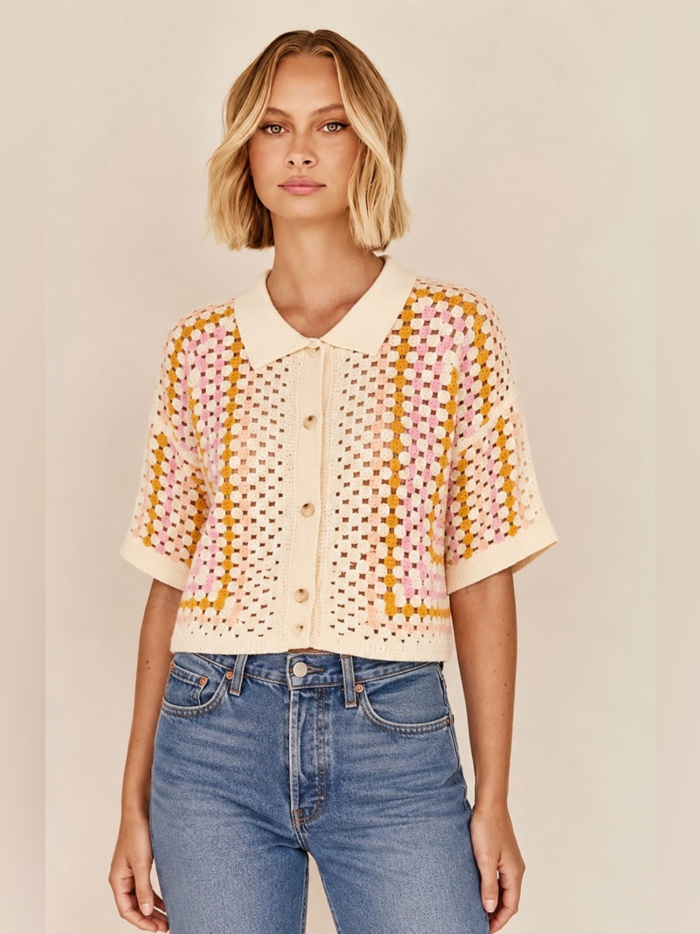 •SOLD•New-In Crochet Knit Button-Down Shortsleeve Collared Blouse POL-Easel •SOL